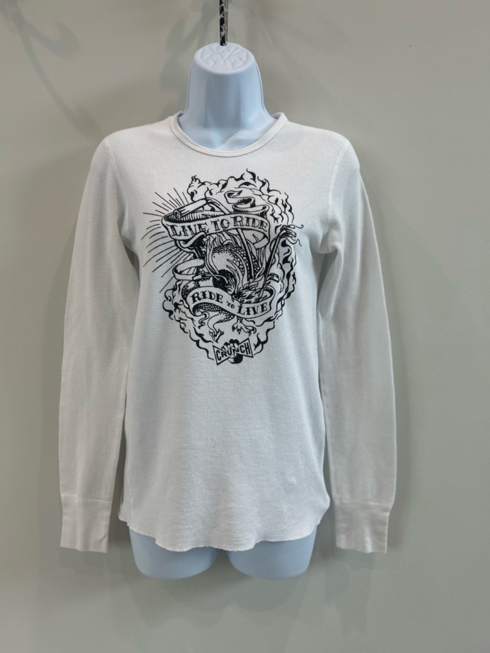 White Graphic Long-Sleeve Thermal Shirt “Live to Ride Ride to Live” - Small